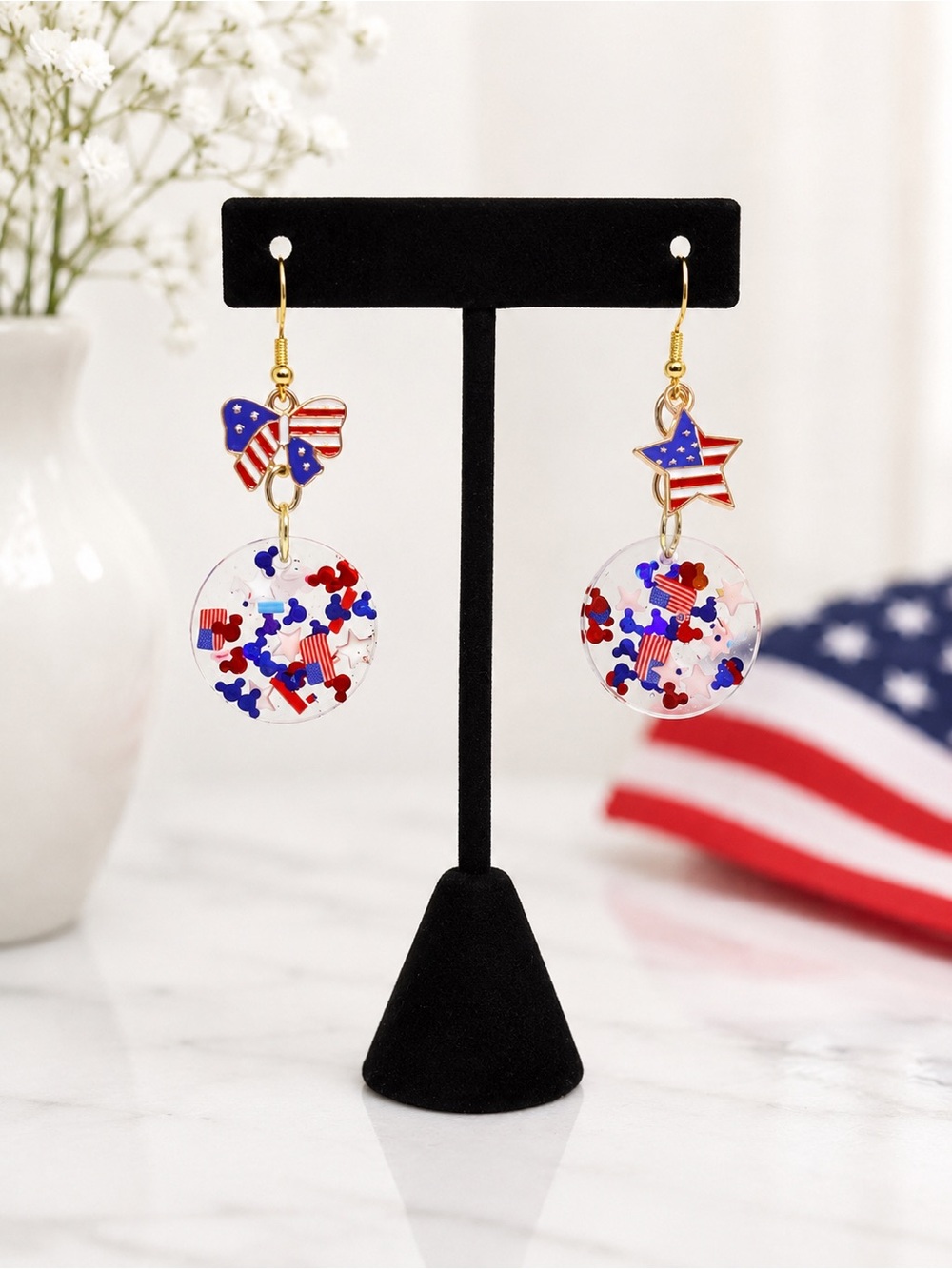 Patriotic Mickey Red, White & Blue Star and Butterfly Dangle Earrings